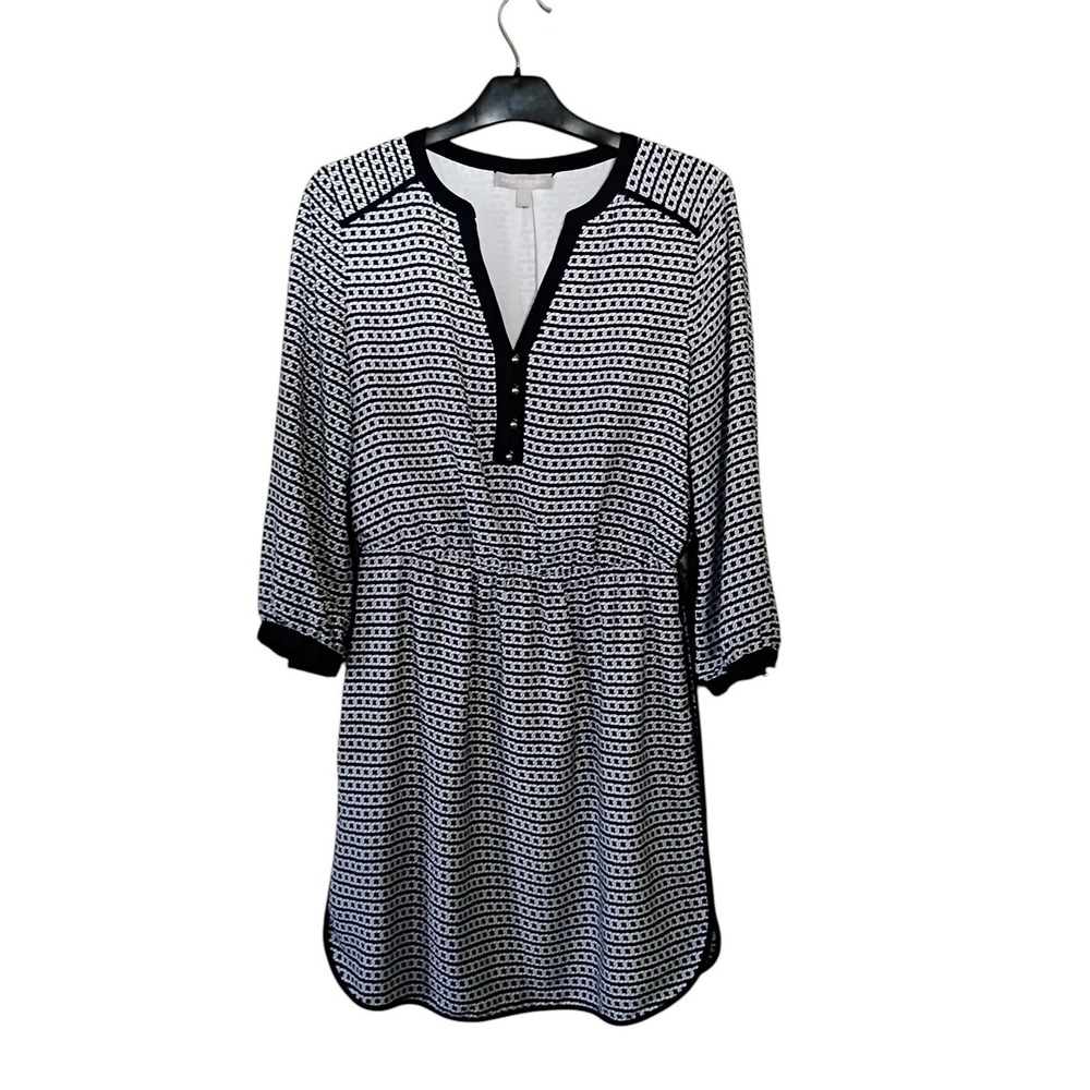 Banana Republic Black White Chain Print Dress Elastic Waist Silver Buttons Sz 4